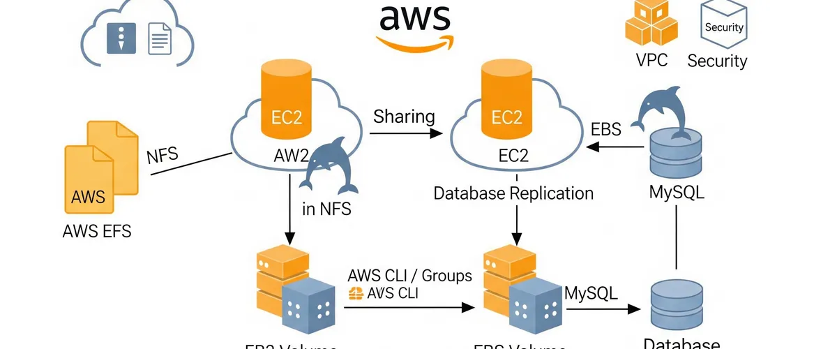 Blog post image for How To Connect A Two EC2 Instances Database and Files Transfer Using AWS CLI - In this post, I will show you how to share a database and files between two EC2 instances using AWS CLI. I will use AWS CLI to create a VPC, EC2 instances, EBS, EFS, and security groups. Then I will replicate the database between the instances and share files between them.