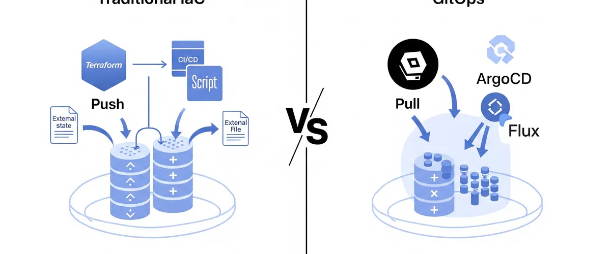 Blog post image for GitOps vs. Traditional IaC for Kubernetes: A Comparative Analysis - Explore GitOps vs. Traditional IaC for Kubernetes. This report compares pull-based GitOps (ArgoCD, Flux) with push-based IaC (Terraform), covering workflows, drift detection, security, and rollbacks. Understand how these approaches manage Kubernetes infrastructure and application configurations for better consistency and reliability.