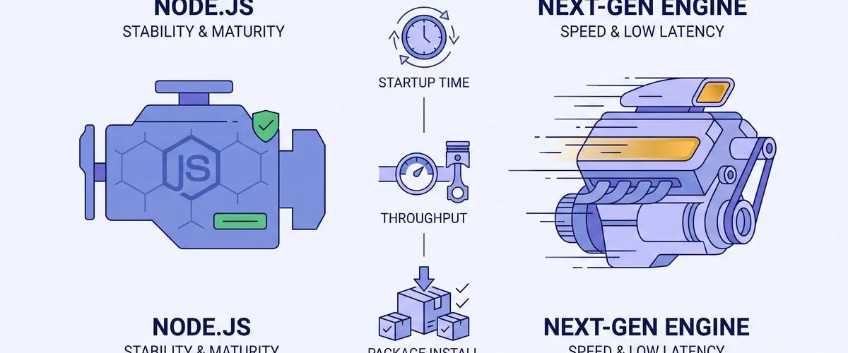 Blog post image for Bun vs. Node.js in Production: A Real-World Performance and Compatibility Breakdown - An honest, benchmark-driven comparison of Bun and Node.js for backend services in 2026. Covers startup time, HTTP throughput, npm compatibility, Docker image size, the memory gotchas nobody warns you about, and when it actually makes sense to migrate.