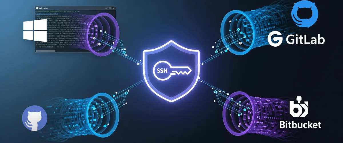 Blog post image for Git SSH Keys for GitHub, GitLab, and Bitbucket on Windows - Git talks to remotes over HTTPS by default, so it asks for your username and password on every git pull or git push. GitHub, GitLab, and Bitbucket all let Git authenticate over SSH with a public key instead. Here is how to generate a key on Windows, add it to each service, and stop typing credentials for every Git command.