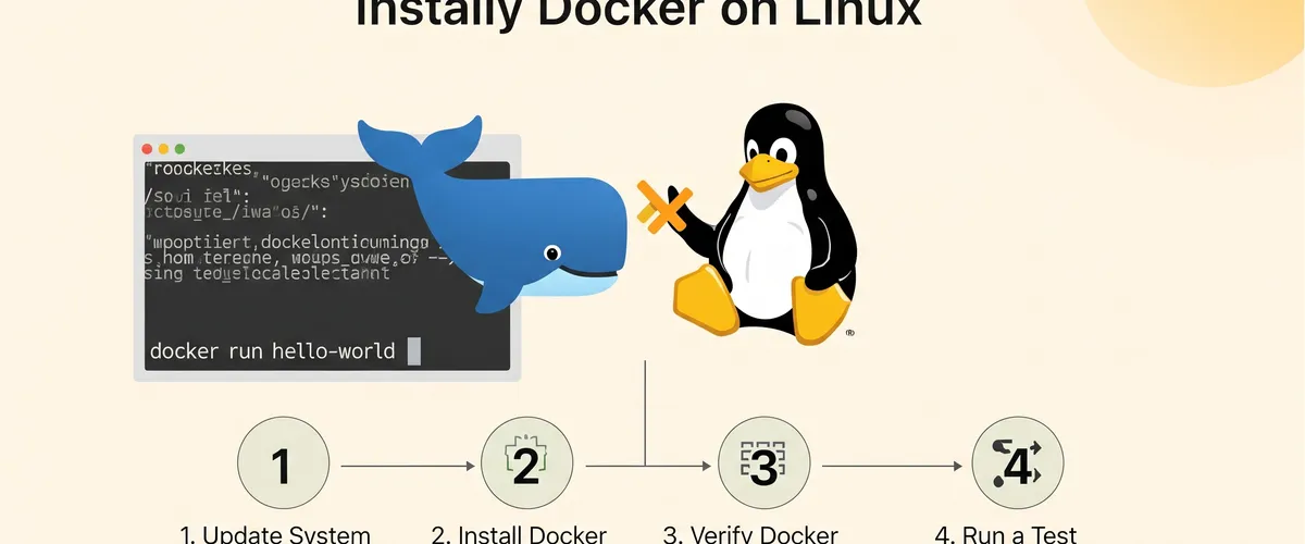 Blog post image for How To Install Docker On Linux In 4 Easy Steps - A step-by-step guide to installing Docker on Linux in 4 steps, from updating the package index to running your first Docker container.