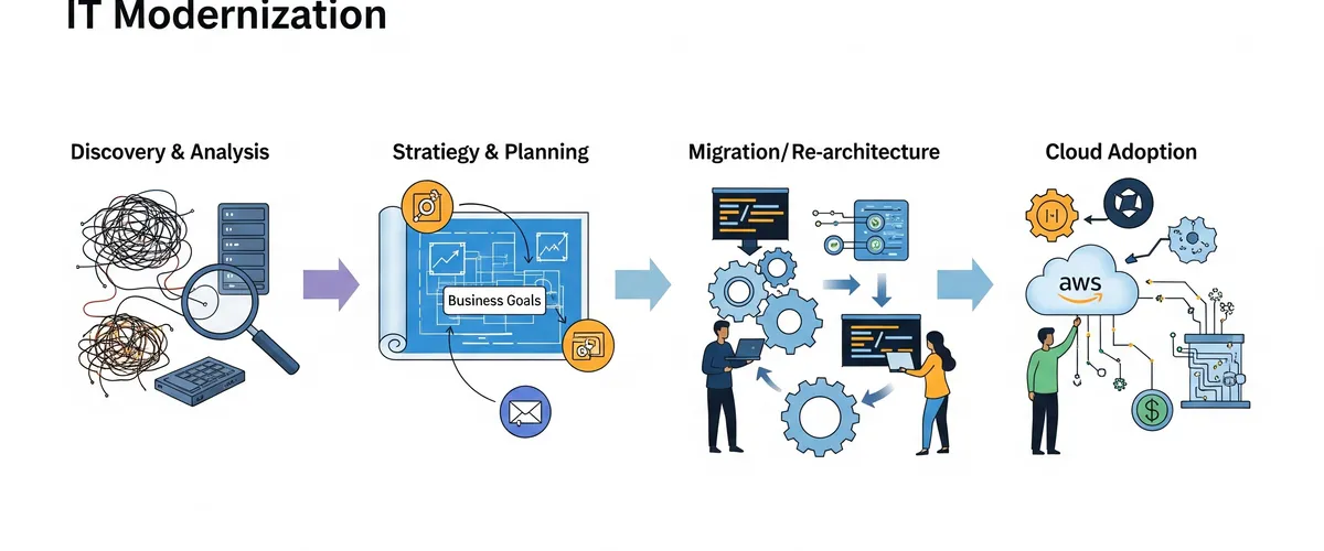 Blog post image for Phases of the Modernization Process - The key phases of the modernization process: aligning with business goals, understanding dependencies, involving customers, and future-proofing your IT infrastructure.