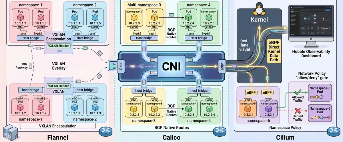 Blog post image for Kubernetes Networking Demystified: CNI Plugins, Network Policies, and Pod-to-Pod Communication - A friendly, technical guide to Kubernetes networking. We cover how CNI plugins like Calico and Cilium work, how to write Network Policies, and how to debug those annoying connectivity issues.