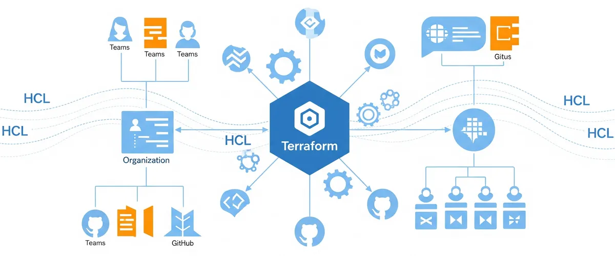 Blog post image for Streamlining GitHub Organization Management with Terraform - How to manage a large GitHub organization efficiently using Terraform, including the key Terraform resources for automating user access, team structures, and repository configurations.
