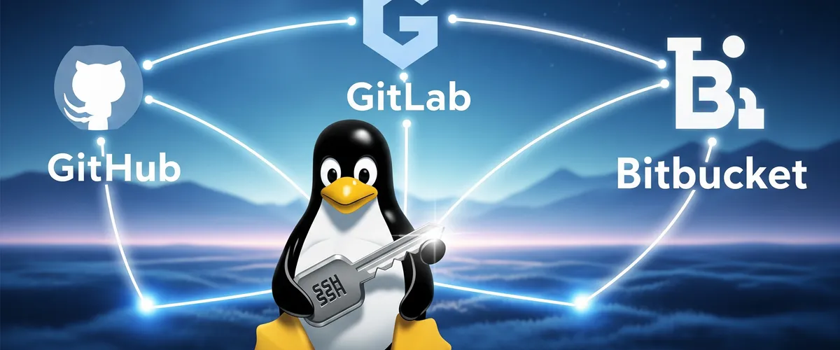 Blog post image for Git SSH Keys for GitHub, GitLab, and Bitbucket on Linux - By default Git connects to remotes over HTTPS, so it asks for your login and password every time you run a command like git pull or git push. The SSH protocol is the alternative. It lets you connect to a server and authenticate to use its services. GitHub, GitLab, and Bitbucket all let Git connect through SSH rather than HTTPS. Public-key encryption then removes the need to type a login and password for each Git command.